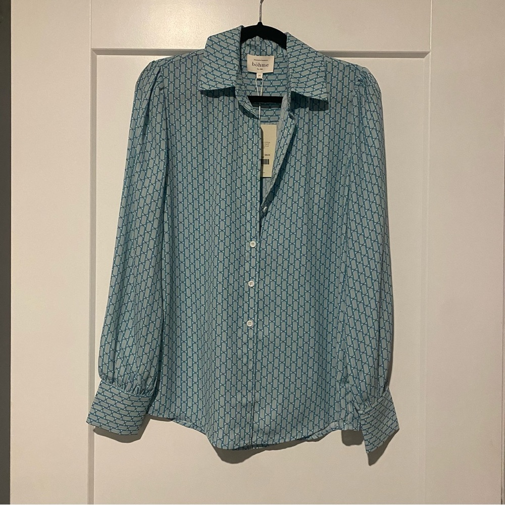 Bohme Teal Printed collared Long Sleeve Blouse